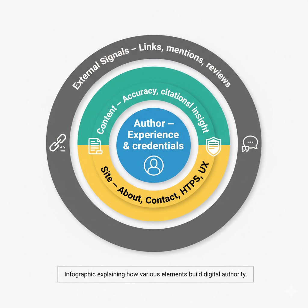 Diagram showing layers of authority signals: author, content, site, external mentions.