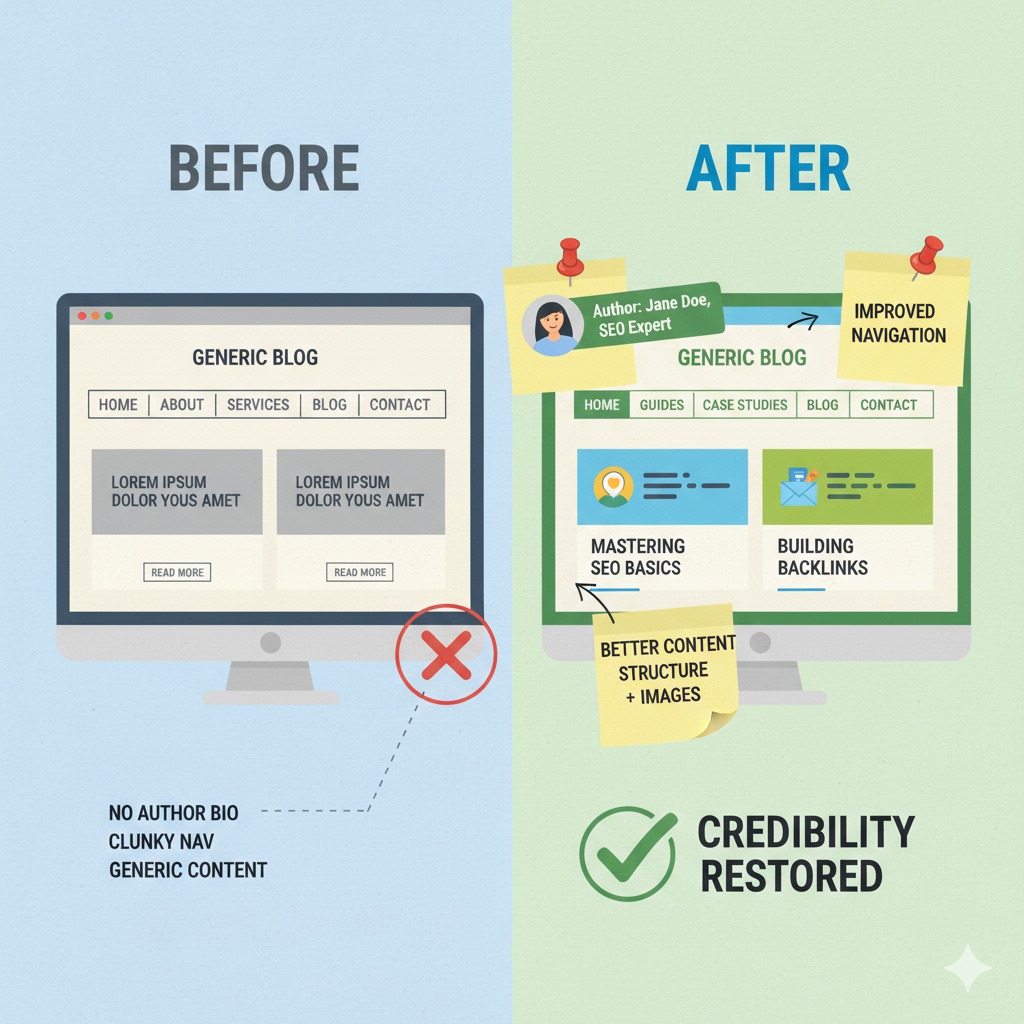 Illustration showing how authority signals like author bios, navigation, and structured content improve website credibility and search visibility.