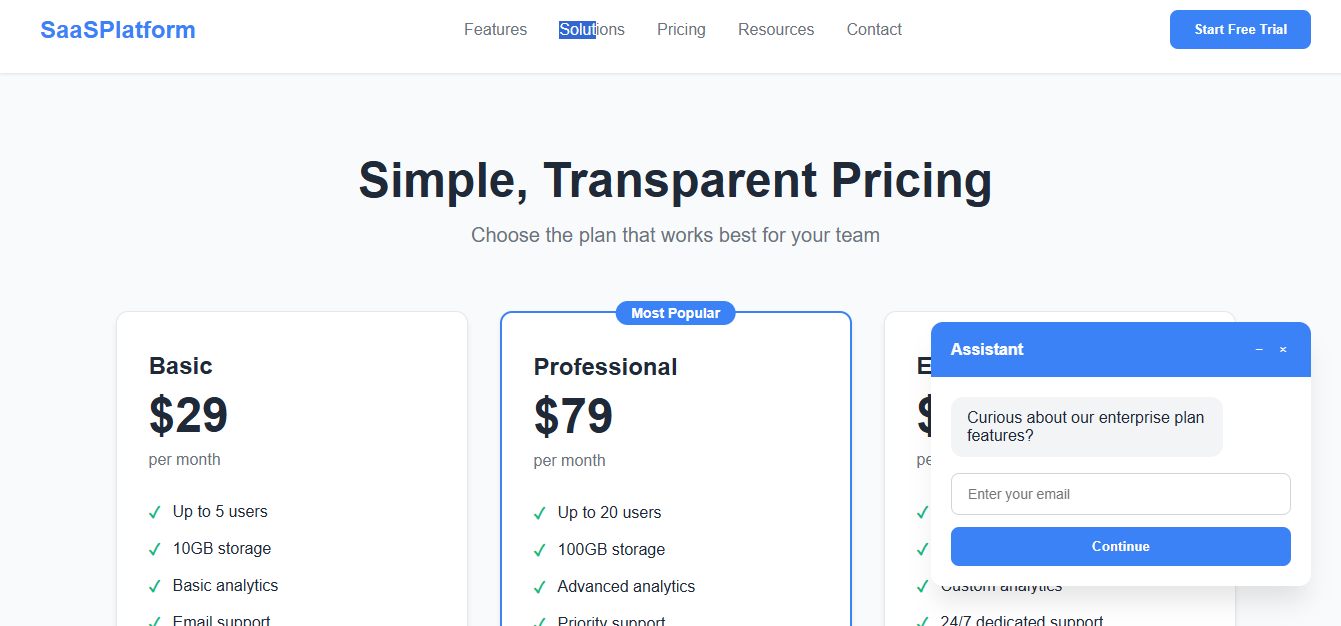 Screenshot of a SaaS pricing page with an AI chat widget asking for a visitor’s email to learn more about enterprise plan features.