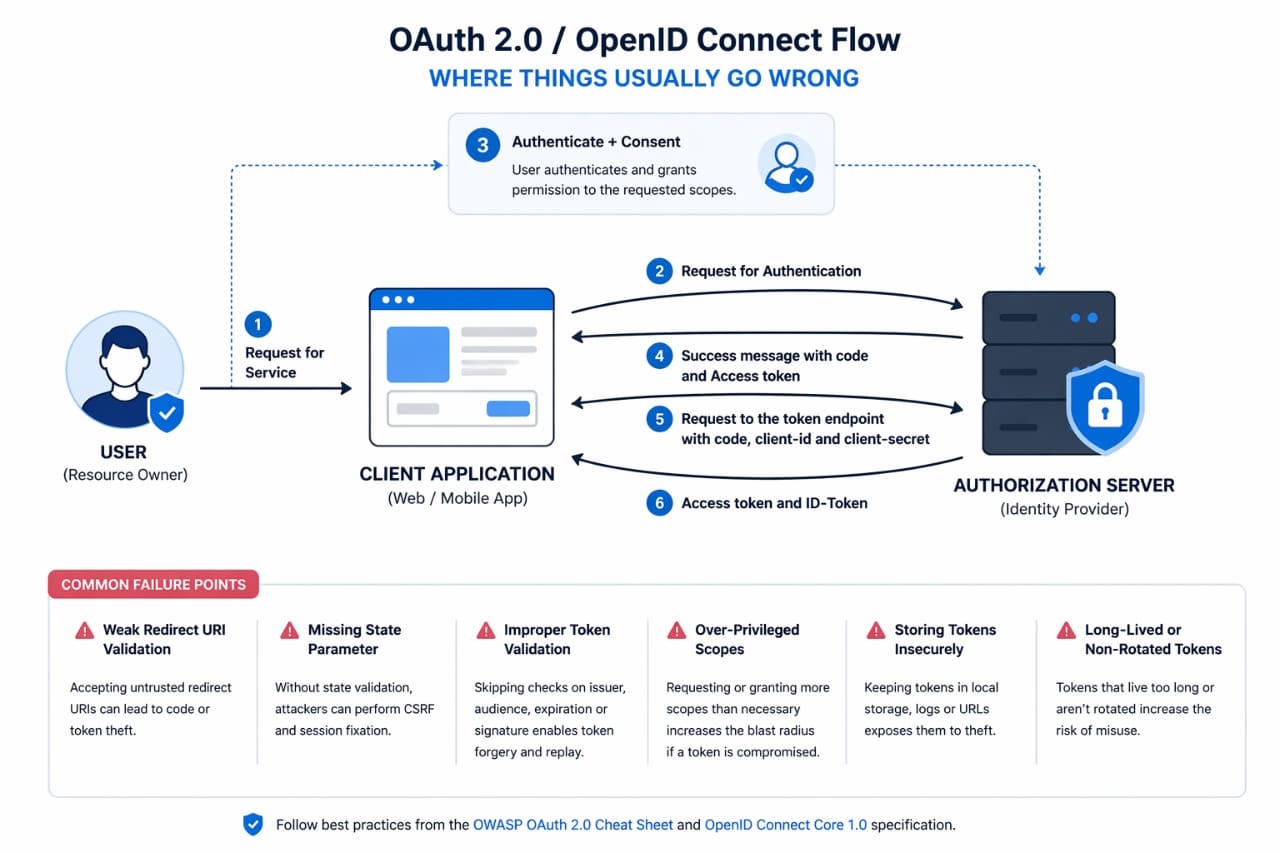 Diagram of OAuth 2.0 and OpenID Connect authentication flow showing user, client app, and authorization server, with highlighted weaknesses such as improper token validation, missing state checks, and insecure token storage.