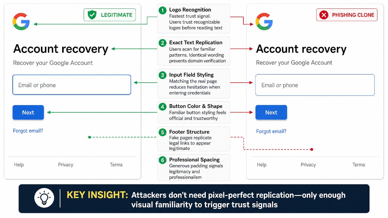 comparison of a real password reset page and a fake AI-made clone