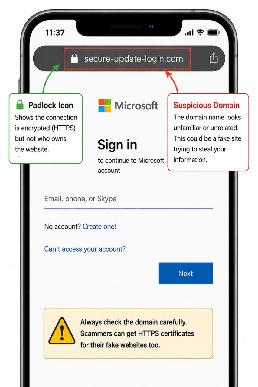suspicious domain in the address bar and a normal-looking padlock icon