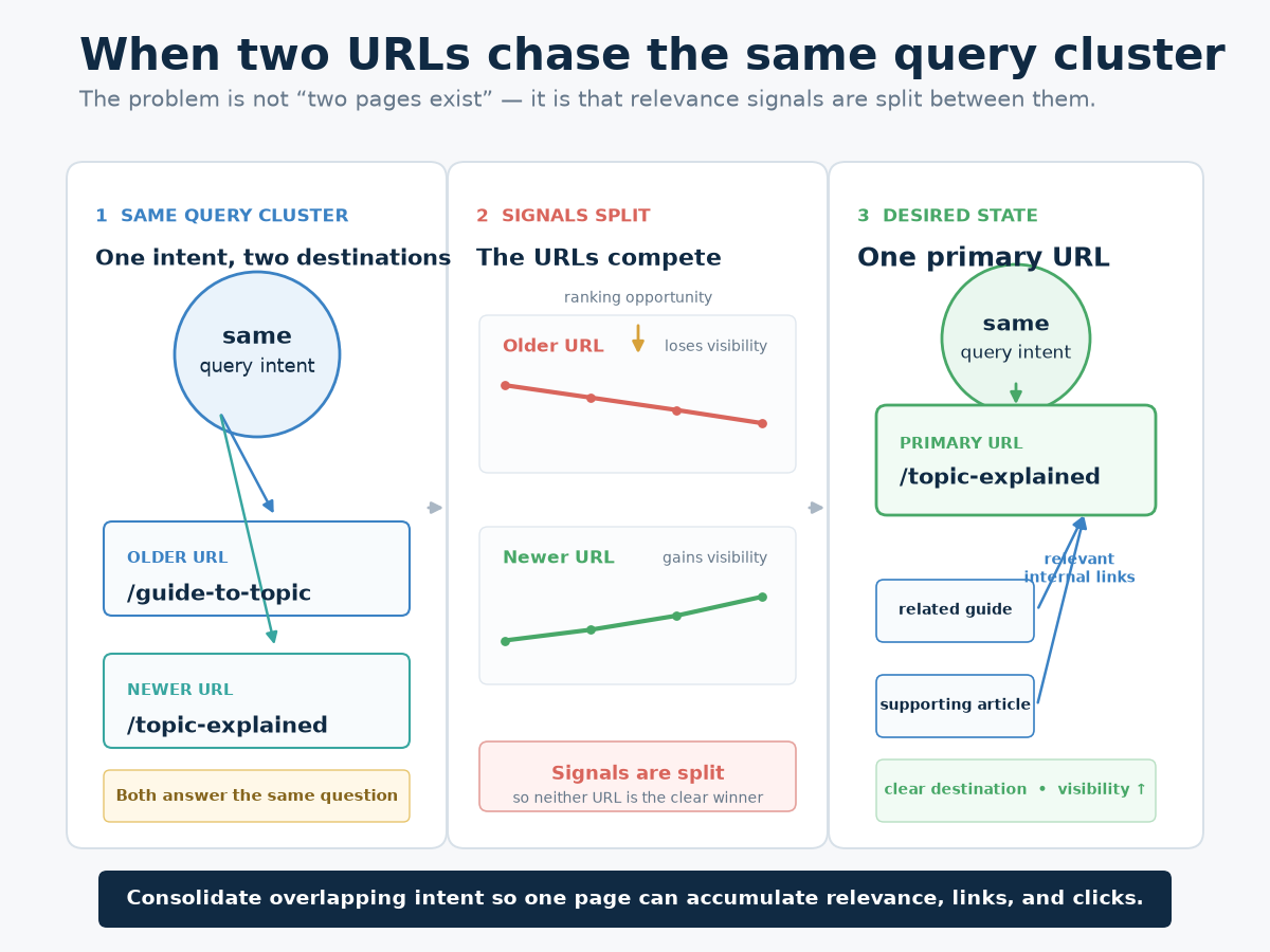 Two URLs compete for one query cluster; consolidation restores focus