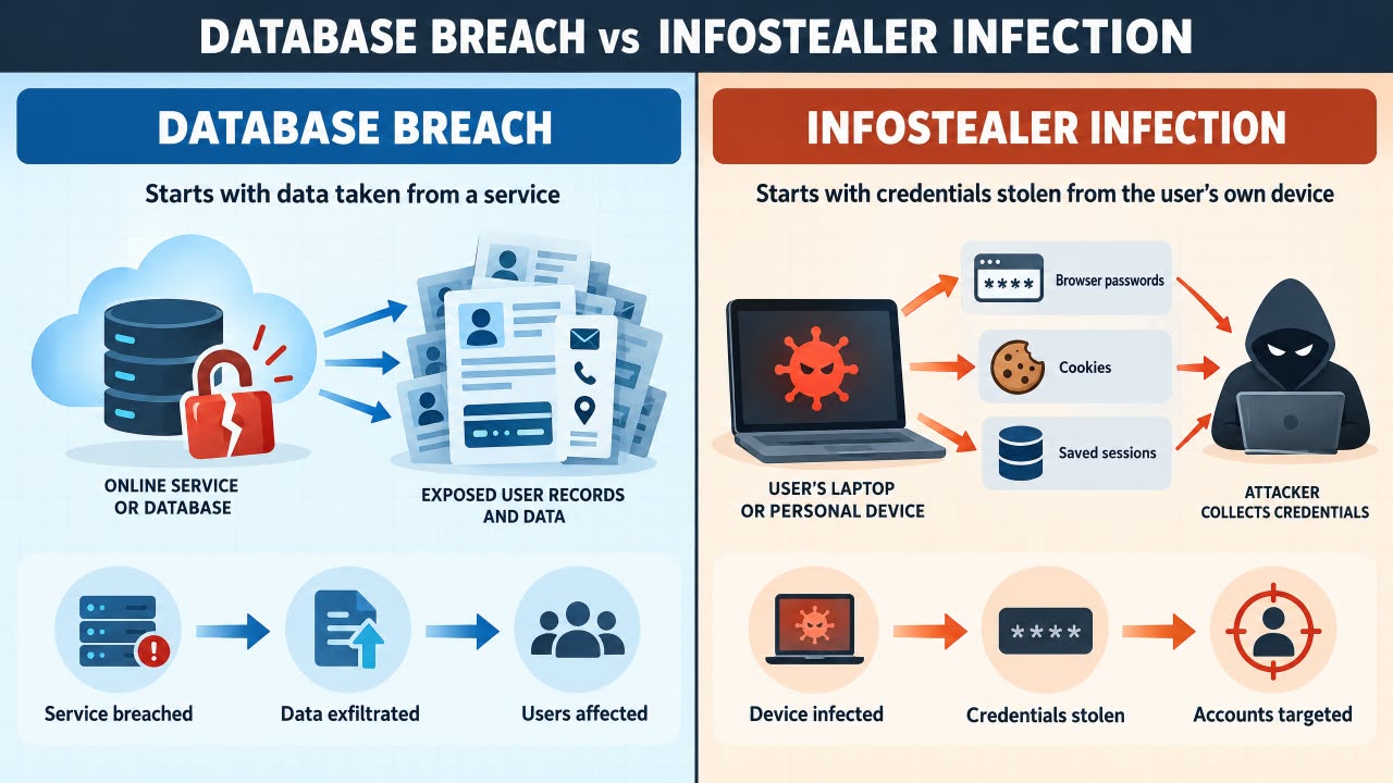 Two-column comparison of a database breach and an infostealer infection.